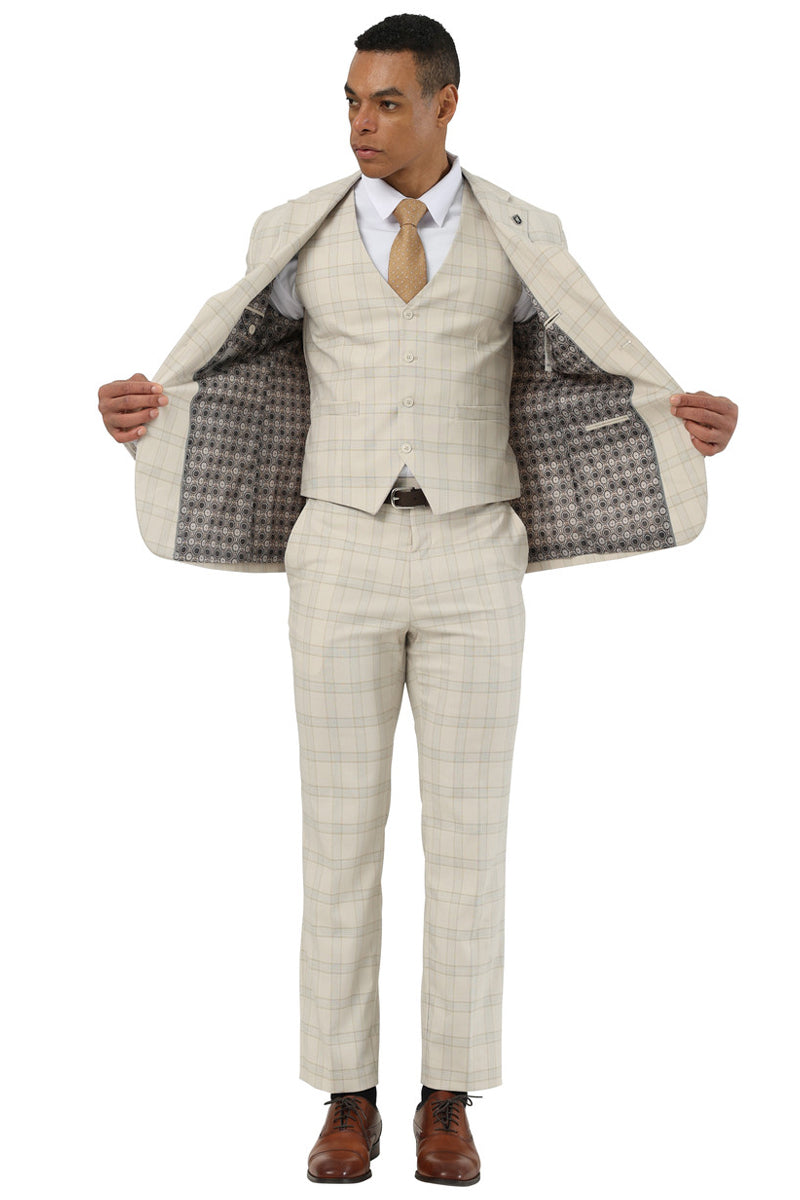 Stacy Adams men's beige glen plaid suit: single-breasted jacket with vested interior, tailored fit, contrasting lining. Straight-leg trousers match the jacket's material and pattern for a cohesive look.
