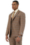 Stacy Adams men's brown glen plaid suit: fitted blazer, matching trousers, and vest. Textured woven fabric with a brown base, lighter plaid, and blue accents. Single-breasted blazer, notch lapels, side pockets, tailored trousers.
