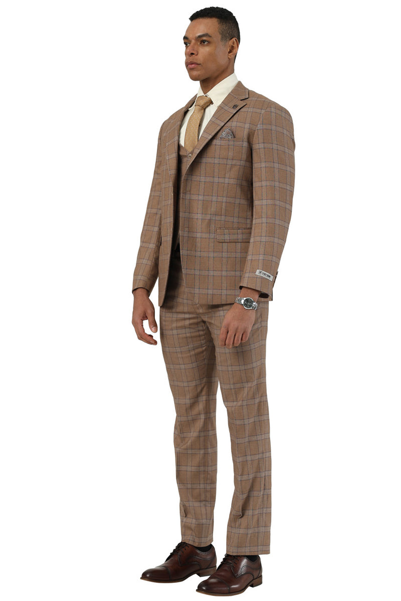 Stacy Adams men's brown glen plaid suit: tailored jacket, notched lapel, matching trousers, vest. Brown & light blue plaid pattern, formal structured fabric. Includes brown dress shoes.
