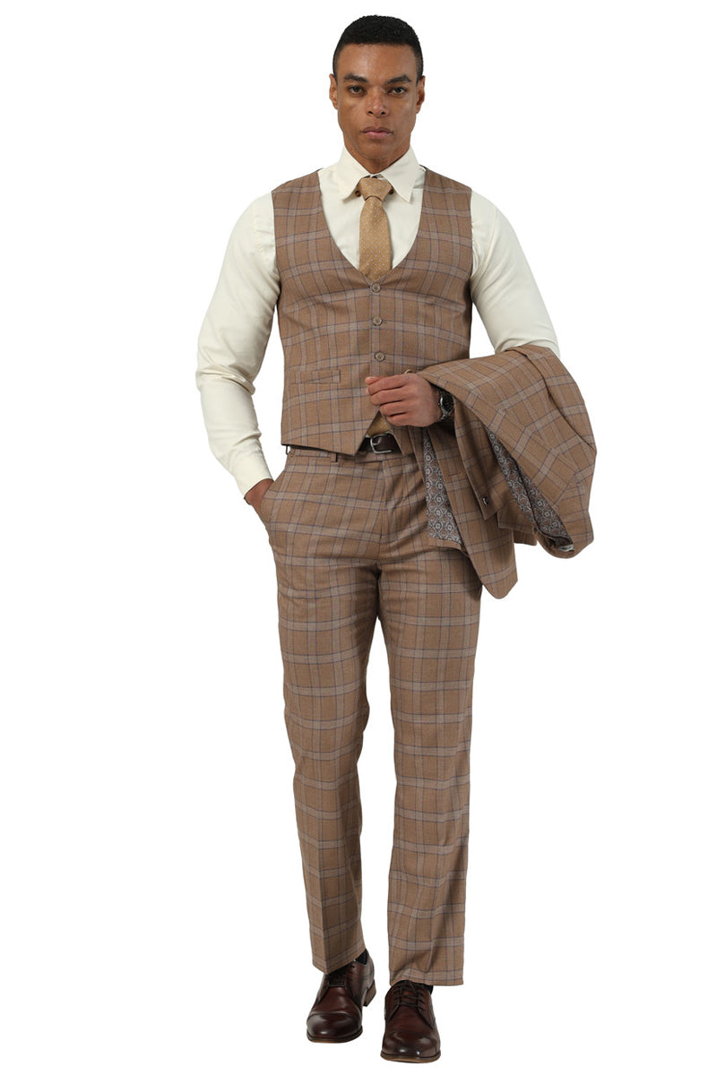 Men's Stacy Adams brown glen plaid suit. Includes a fitted vest, straight-leg trousers, and patterned lining. Light brown base with contrasting brown/blue plaid design.
