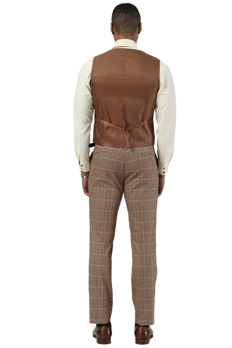 Men's Stacy Adams glen plaid suit. Brown vest (smooth finish) with back strap, matching glen plaid trousers (brown/light blue). Tailored cut, rear pockets. Light-colored long-sleeved shirt included.
