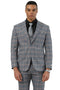 Stacy Adams glen plaid suit: grey base with orange check. Includes 2-button jacket, notch lapels, matching waistcoat, and pants. Smooth fabric, tailored fit, structured silhouette.