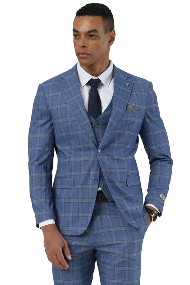 Stacy Adams men's blue glen plaid suit with tailored fit. Lightweight fabric, structured shoulders, single-breasted jacket, matching vest and trousers.

