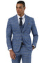 Stacy Adams men's blue glen plaid suit with tailored fit. Lightweight fabric, structured shoulders, single-breasted jacket, matching vest and trousers.

