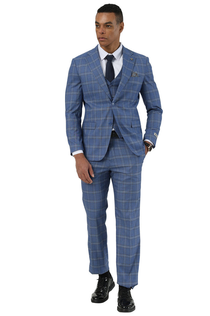 Men's Stacy Adams blue glen plaid suit. Tailored fit, single-breasted blazer with notch lapels, matching slim-fit trousers. Includes a vest, blue base with light blue & gray plaid.
