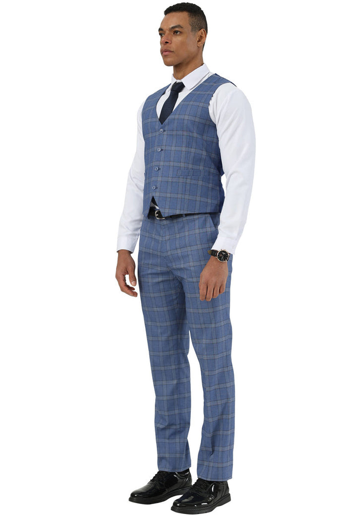 Stacy Adams men's blue glen plaid suit. Includes a fitted six-button vest and matching, slightly tapered trousers. Features a glen plaid pattern in varying blue shades.
