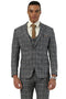Stacy Adams men's glen plaid suit in charcoal brown. Tailored fit, blazer, trousers & vest. Features glen plaid pattern with red accents. Notch lapel, single-button closure, & a clean, formal look.
