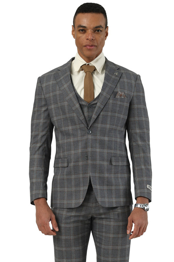 Stacy Adams men's glen plaid suit in charcoal brown. Tailored fit, blazer, trousers & vest. Features glen plaid pattern with red accents. Notch lapel, single-button closure, & a clean, formal look.
