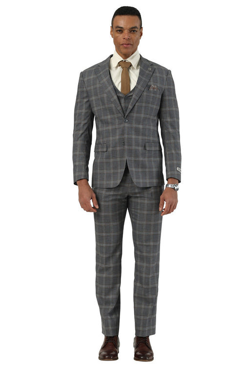 Stacy Adams men's charcoal brown glen plaid suit. Tailored fit, structured blazer, and slim-fit trousers. Features a vest, notched lapel, and soft fabric. Classic style with a subtle plaid pattern.
