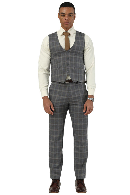 Stacy Adams men's charcoal brown glen plaid suit: Fitted vest with a v-neck & 3 buttons, tailored pants. Classic grey/brown pattern. Woven fabric, perfect for formal events.