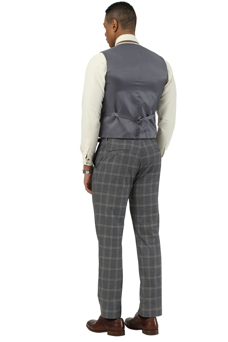 Stacy Adams men's charcoal brown glen plaid suit: Fitted vest with gray back & adjustable strap. Trousers in matching gray/brown glen plaid. Ideal with a light dress shirt for contrast.
