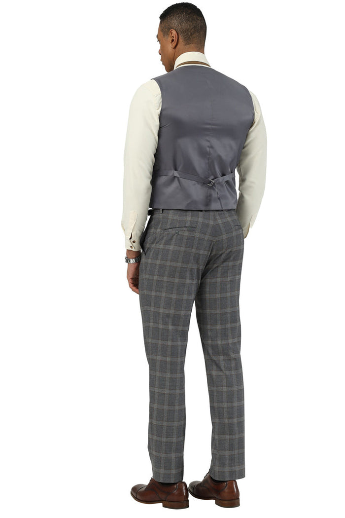 Stacy Adams men's charcoal brown glen plaid suit: Fitted vest with gray back & adjustable strap. Trousers in matching gray/brown glen plaid. Ideal with a light dress shirt for contrast.
