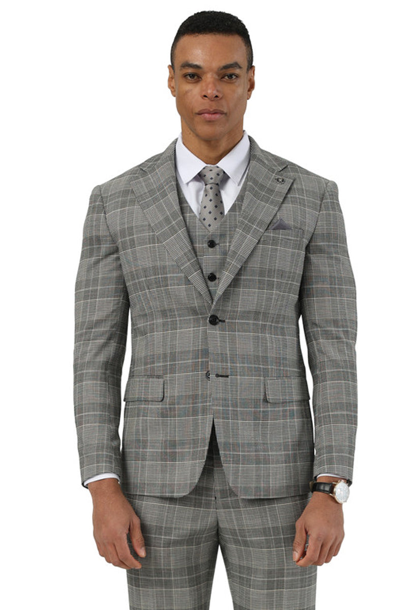 Stacy Adams men's suit in grey glen plaid. Two-button, vested design with a wide notch lapel. Features fine check patterns with grey, blue, and brown hues. Fitted blazer with structured shape and pockets.

