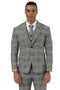 Stacy Adams men's suit in grey glen plaid. Two-button, vested design with a wide notch lapel. Features fine check patterns with grey, blue, and brown hues. Fitted blazer with structured shape and pockets.
