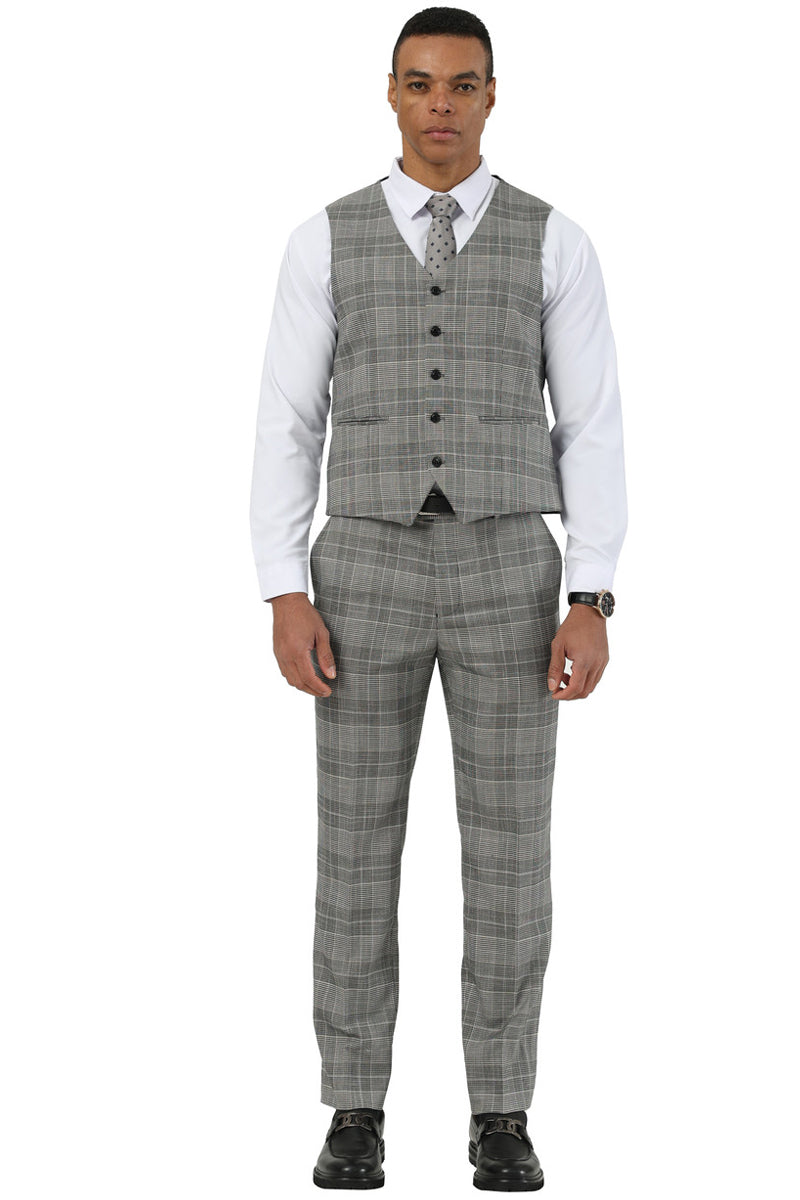 Stacy Adams men's grey glen plaid suit with wide notch lapel, fitted vest, and slim-fit pants. Features a textured grey pattern, a white shirt, and a patterned tie for a complete look.
