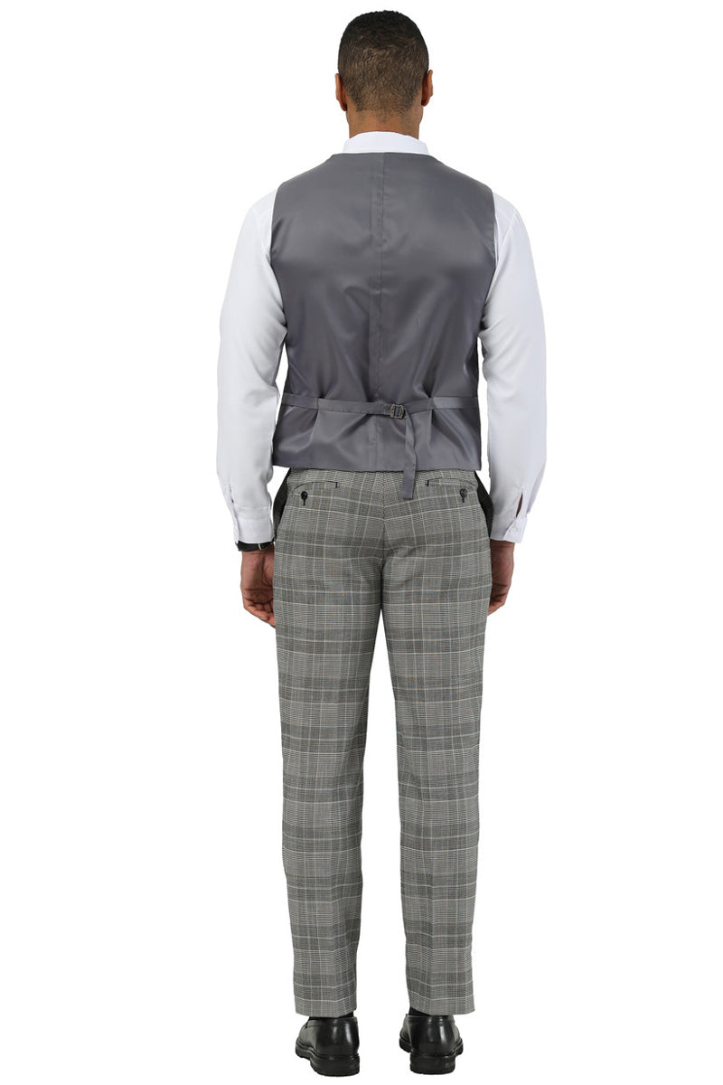 Men's Stacy Adams grey glen plaid two-button suit with wide notch lapel. Includes a solid grey vested back and plaid pants (grey, black, blue). Traditional suit elements with adjustment strap.
