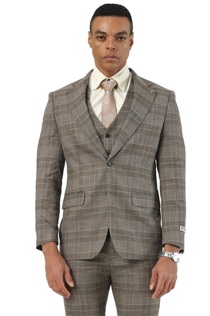 Stacy Adams men's brown glen plaid suit. Two-button, wide notch lapel, vested. Structured fit with matching trousers. Single chest pocket, two side pockets. Textured fabric with subtle sheen.
