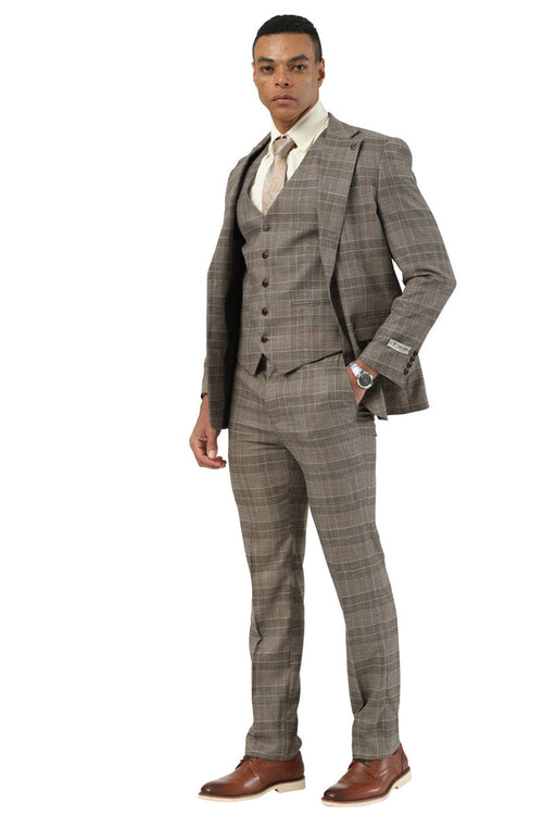 Men's Stacy Adams brown glen plaid suit. Two-button jacket, wide notch lapels, and a matching five-button vest. Slim-fit trousers. Featuring light and dark brown checked pattern.

