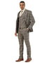Men's Stacy Adams brown glen plaid suit. Two-button jacket, wide notch lapels, and a matching five-button vest. Slim-fit trousers. Featuring light and dark brown checked pattern.
