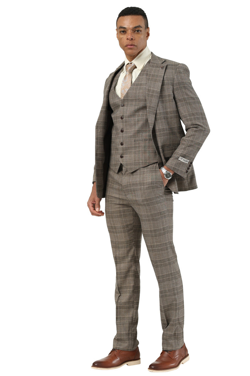 Men's Stacy Adams brown glen plaid suit. Two-button jacket, wide notch lapels, and a matching five-button vest. Slim-fit trousers. Featuring light and dark brown checked pattern.
