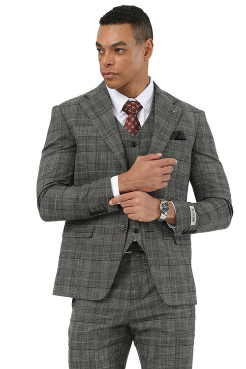 Stacy Adams black glen plaid two-button suit: fitted blazer, matching vest, tailored trousers. Textured fabric with gray/red accents. Classic check pattern. Includes blazer's chest pocket. Worn with white shirt & patterned tie.
