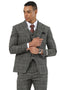 Stacy Adams black glen plaid two-button suit: fitted blazer, matching vest, tailored trousers. Textured fabric with gray/red accents. Classic check pattern. Includes blazer's chest pocket. Worn with white shirt & patterned tie.
