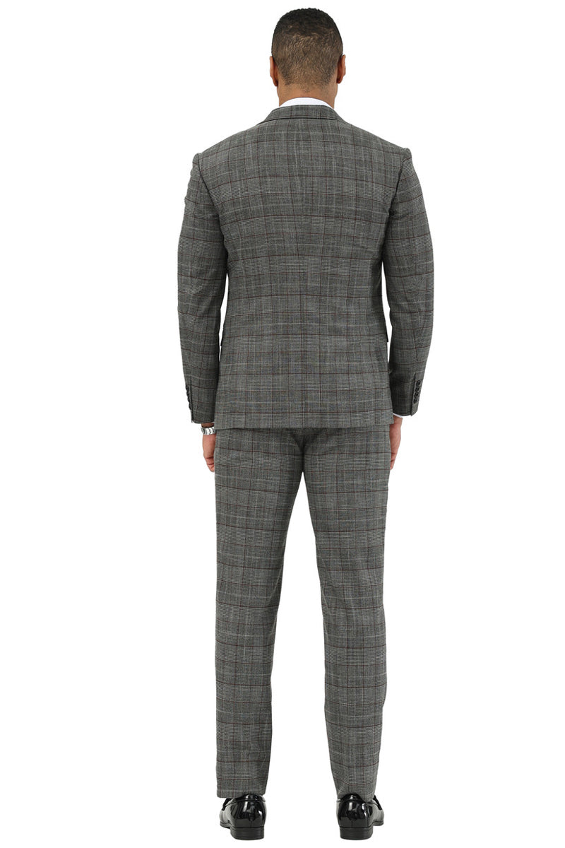 Men's Stacy Adams two-button suit in black glen plaid with a vest. Tailored form, fitted jacket, and straight-cut trousers. Woven fabric with a wide notch lapel for a coordinated, textured appearance.
