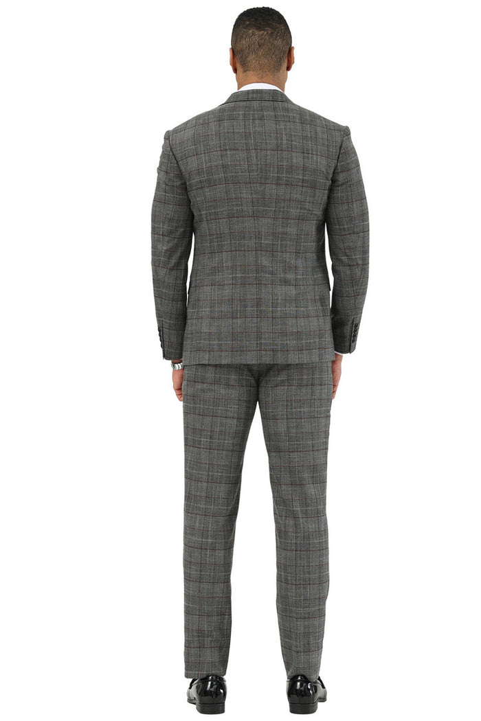 Men's Stacy Adams two-button suit in black glen plaid with a vest. Tailored form, fitted jacket, and straight-cut trousers. Woven fabric with a wide notch lapel for a coordinated, textured appearance.
