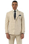 Stacy Adams men's beige double-breasted summer suit. Windowpane plaid pattern. Two-button closure, notched lapel. Lightweight fabric, ideal for warm weather. Matching trousers.
