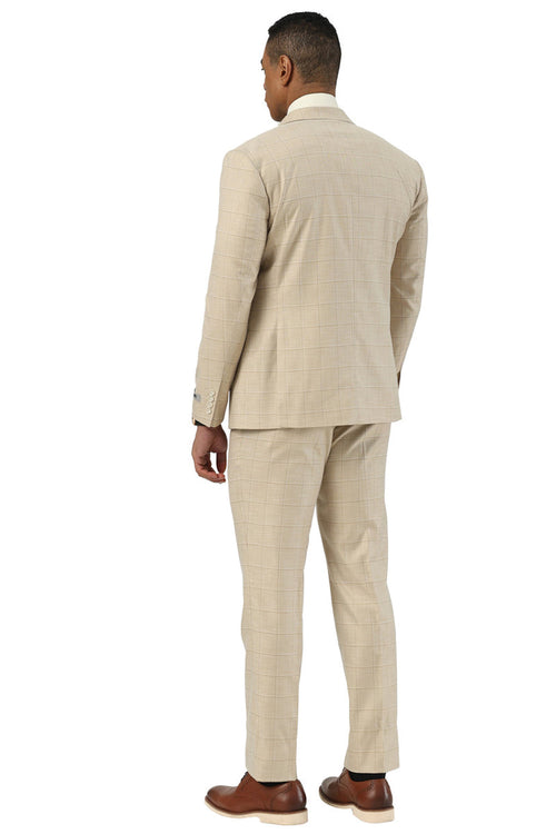 Men's Stacy Adams Double Breasted Summer Suit in Beige Windowpane Plaid