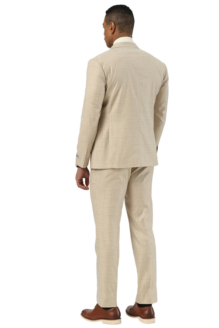 Stacy Adams men's double-breasted summer suit in beige windowpane plaid. Tailored fit with a structured blazer and matching trousers. Lightweight fabric, classic silhouette, and modern cut.
