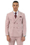 Men's Stacy Adams pink windowpane plaid double-breasted summer suit. Structured jacket, tailored fit, notched lapels, and matching trousers. Lightweight fabric with subtle contrasting plaid lines. Pocket square included.
