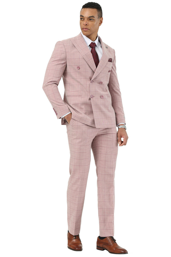 Stacy Adams men's pink windowpane plaid double-breasted summer suit. Tailored jacket, slim-cut trousers. Lightweight fabric, perfect for warm weather.
