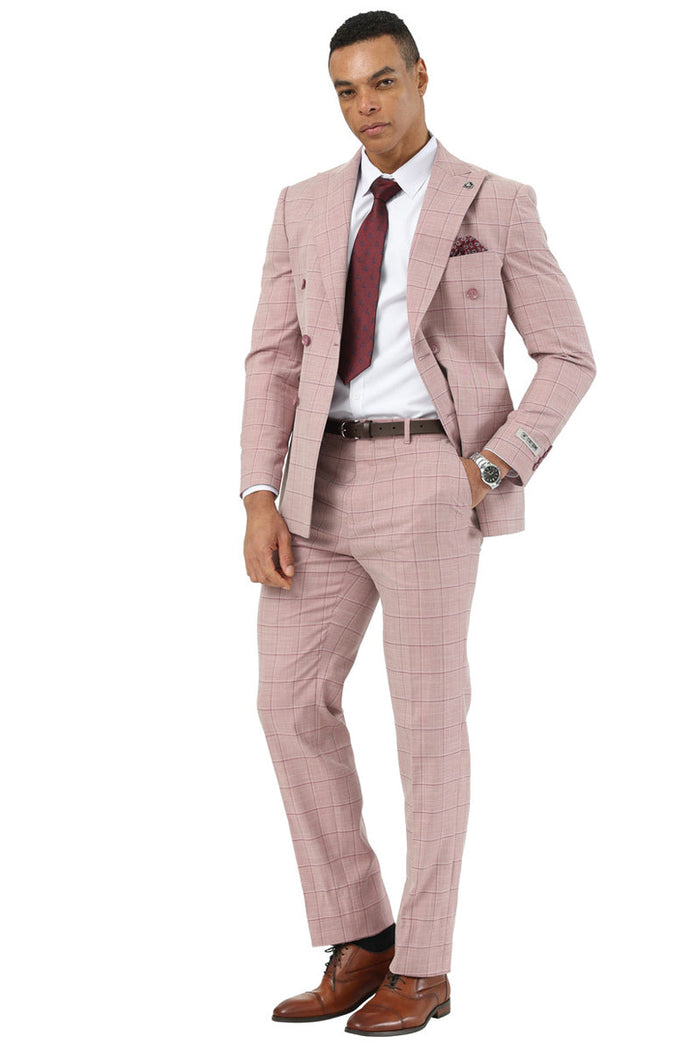 Stacy Adams men's summer suit: light pink, windowpane plaid, double-breasted jacket, matching pants. Lightweight fabric, suitable for warm weather. Worn with white shirt, patterned tie, and brown dress shoes.
