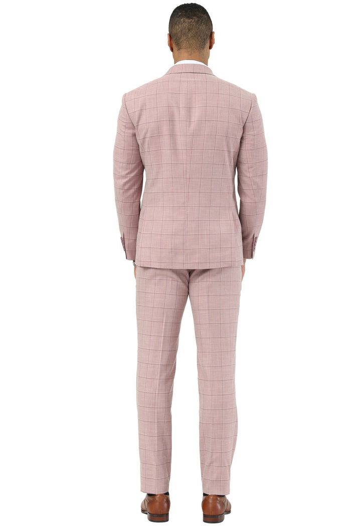 Men's Stacy Adams summer suit: double-breasted jacket and slim-fit trousers. Pink windowpane plaid. Lightweight fabric, ideal for warm weather. Soft pink with contrasting grid.
