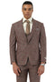 Men's Stacy Adams brown sharkskin suit with a windowpane pattern. Features a one-button closure, peak lapel, matching vest, and two front pockets. Tailored fit.
