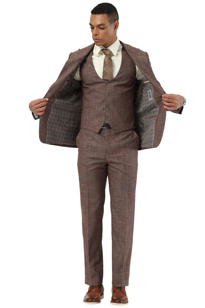 Brown sharkskin windowpane Stacy Adams men's suit with peak lapel. Textured fabric, matching patterned lining, and a three-button vest. Tailored trousers for a cohesive, structured look.

