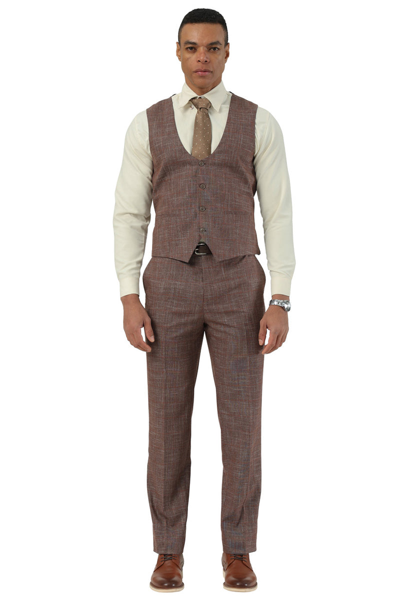 Men's Stacy Adams brown sharkskin suit with a subtle windowpane pattern. Includes a fitted vest and pleated pants. Features a peak lapel and one-button closure.
