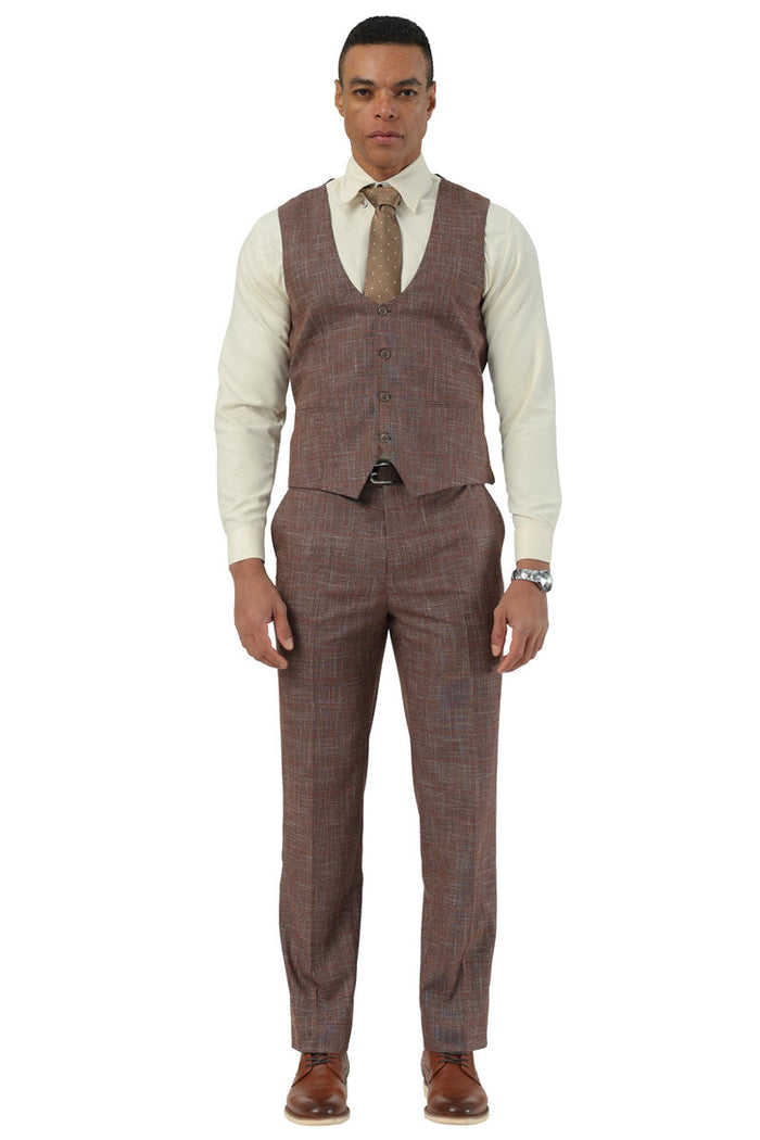 Men's Stacy Adams brown sharkskin suit with a subtle windowpane pattern. Includes a fitted vest and pleated pants. Features a peak lapel and one-button closure.
