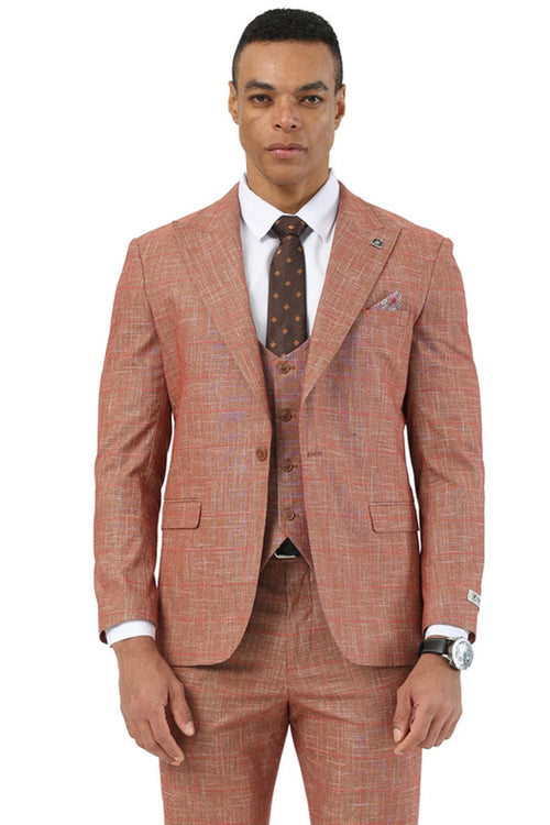 Stacy Adams men's one-button suit. Fitted shape, peak lapels. Textured taupe sharkskin fabric with windowpane pattern. Includes matching vest. Light taupe color with muted contrasting lines.
