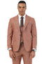 Stacy Adams men's one-button suit. Fitted shape, peak lapels. Textured taupe sharkskin fabric with windowpane pattern. Includes matching vest. Light taupe color with muted contrasting lines.
