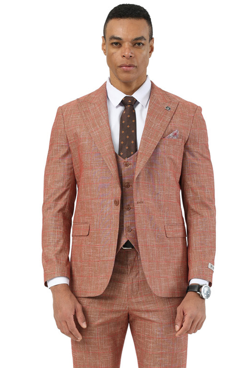 Stacy Adams men's one-button suit. Fitted shape, peak lapels. Textured taupe sharkskin fabric with windowpane pattern. Includes matching vest. Light taupe color with muted contrasting lines.
