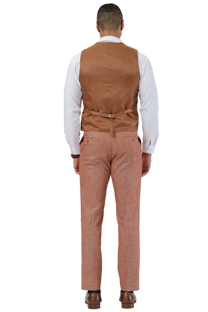 Men's Stacy Adams suit: taupe sharkskin windowpane jacket, brown vest, and light orange checkered pants. Peak lapel, one-button closure, and vest adjuster.
