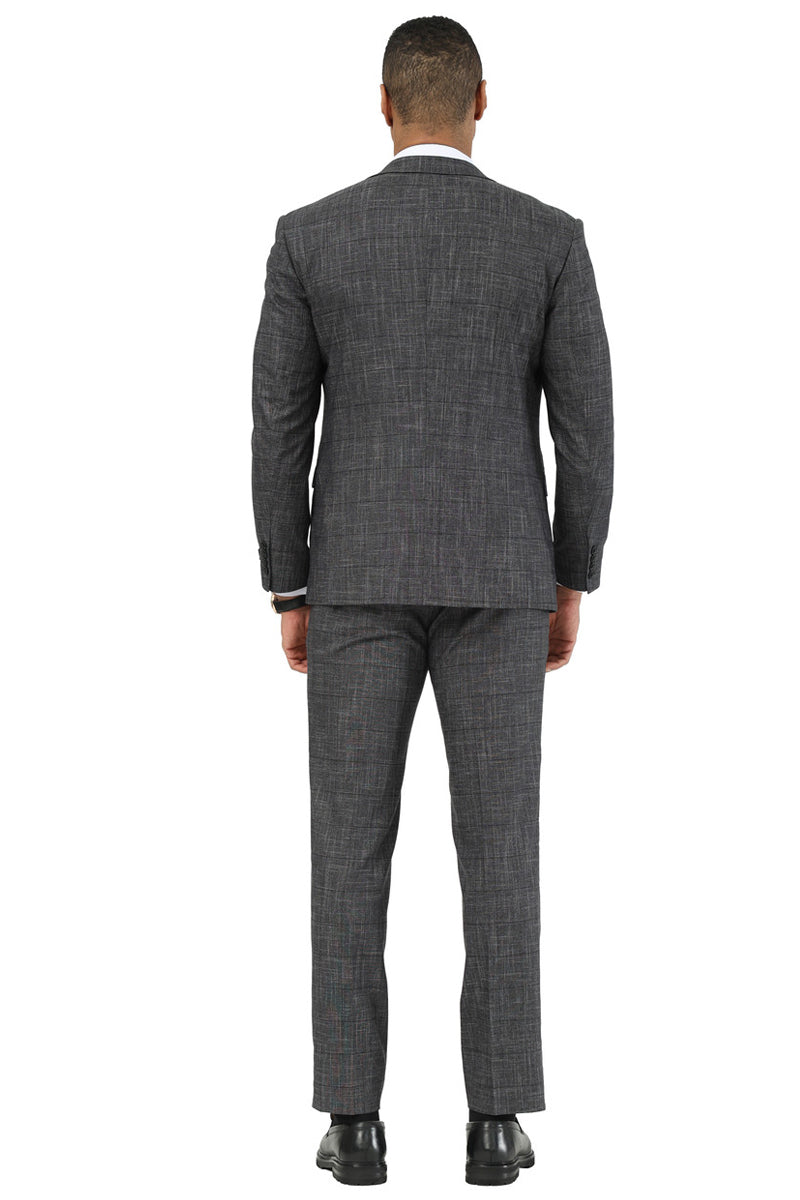 Stacy Adams men's one-button suit. Black sharkskin windowpane, structured fit. Includes jacket with peak lapel, matching trousers. Textured fabric. Classic, tailored look.
