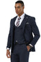 Stacy Adams men's navy glen plaid suit. Two-button peak lapel jacket with dual flap pockets, scoop vest, and coordinated trousers. Structured, fitted silhouette with textured fabric.
