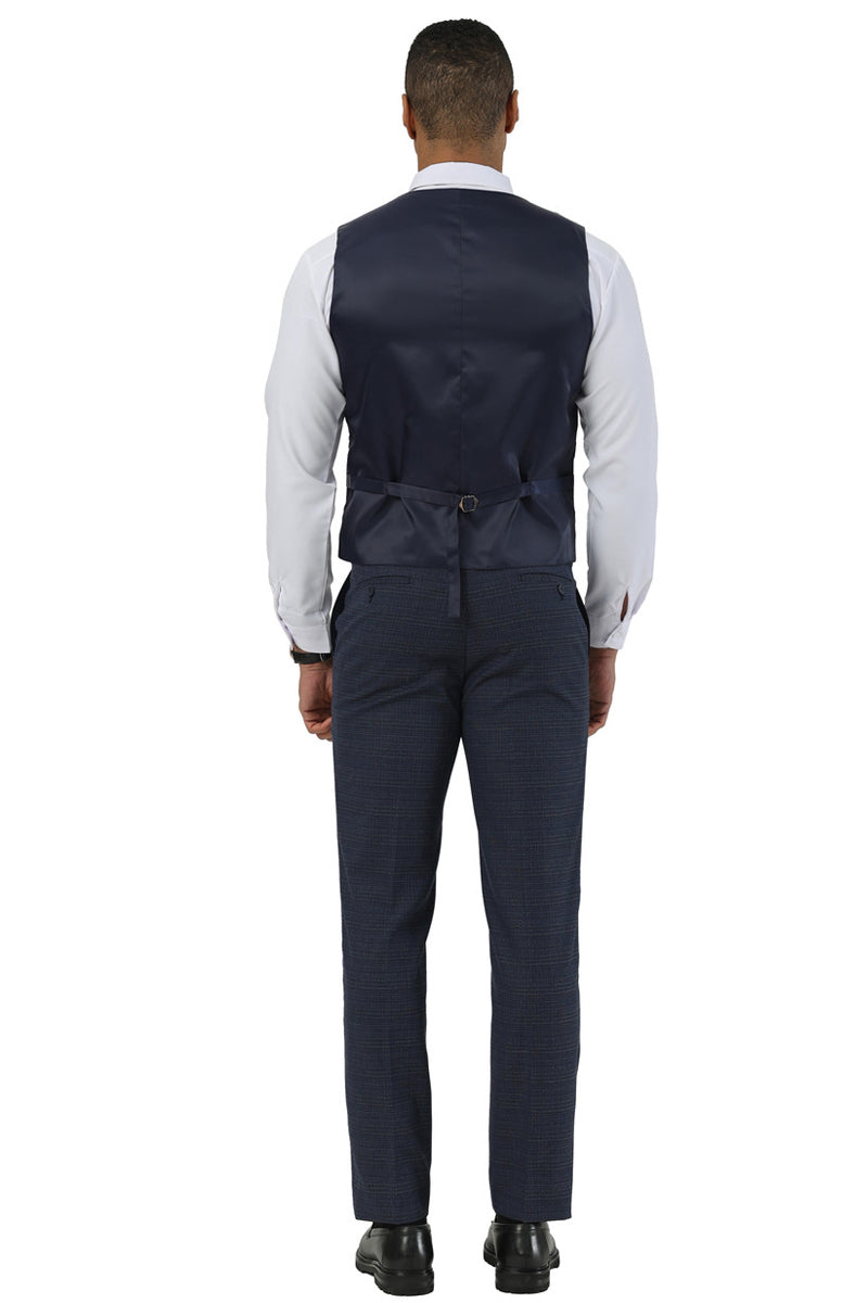 Navy glen plaid suit by Stacy Adams. Two-button, peak lapel with matching scoop vest (adjustable back). Slim-fit trousers. All navy.
