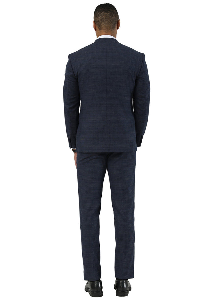 Navy glen plaid Stacy Adams suit. Two-button, peak lapel jacket with tailored fit, structured silhouette, and straight trousers. Smooth fabric blend, ideal for formal occasions.
