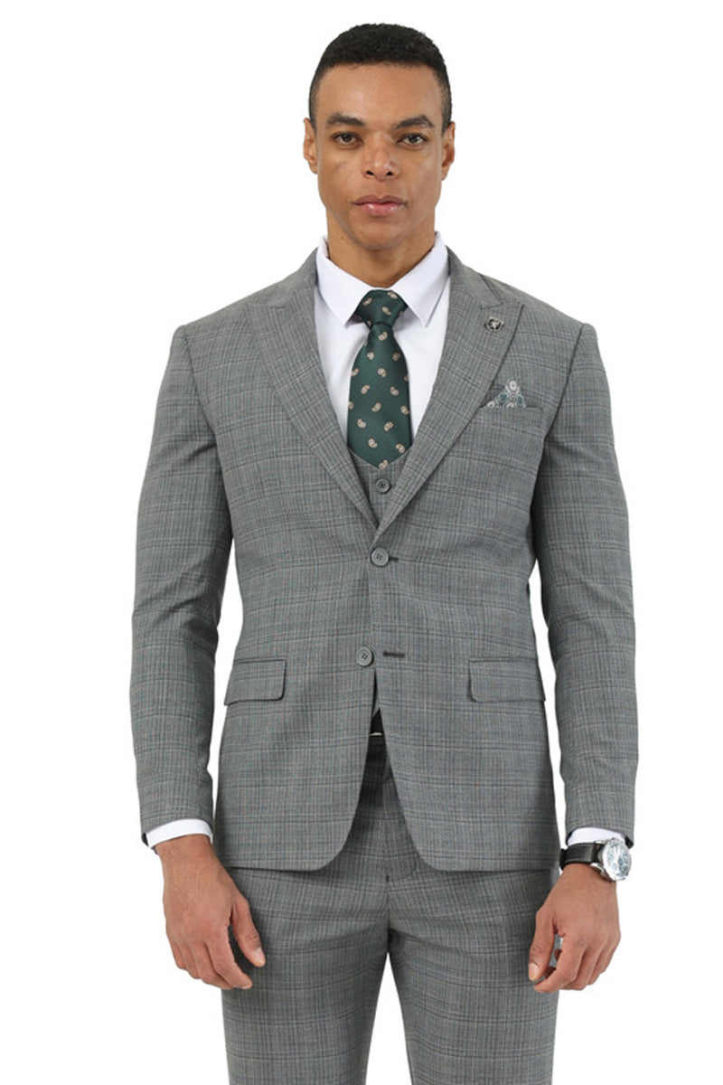 Men's Stacy Adams grey glen plaid suit: fitted silhouette, two-button peak lapel jacket, matching vest, tailored trousers, and a green patterned tie/pocket square for subtle detail.
