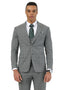 Men's Stacy Adams grey glen plaid suit: fitted silhouette, two-button peak lapel jacket, matching vest, tailored trousers, and a green patterned tie/pocket square for subtle detail.

