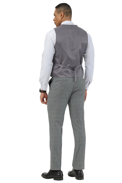Stacy Adams men's grey glen plaid suit with peak lapels. Includes matching scoop vest and tailored trousers. Smooth fabric, subtle checkered pattern. Vest has adjustable back strap for a custom fit.
